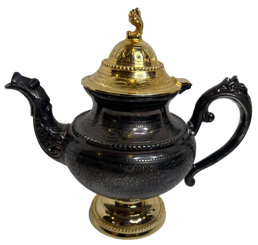 Teapot Moroccan Middle Eastern Style Ornate Gold & Dark toned metal