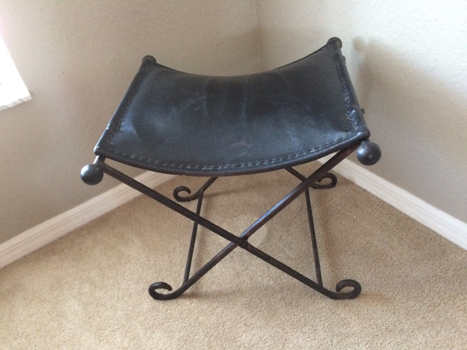 Vintage Antique Leather Saddle Hand Forged Wrought Iron Folding Bench Stool Rare