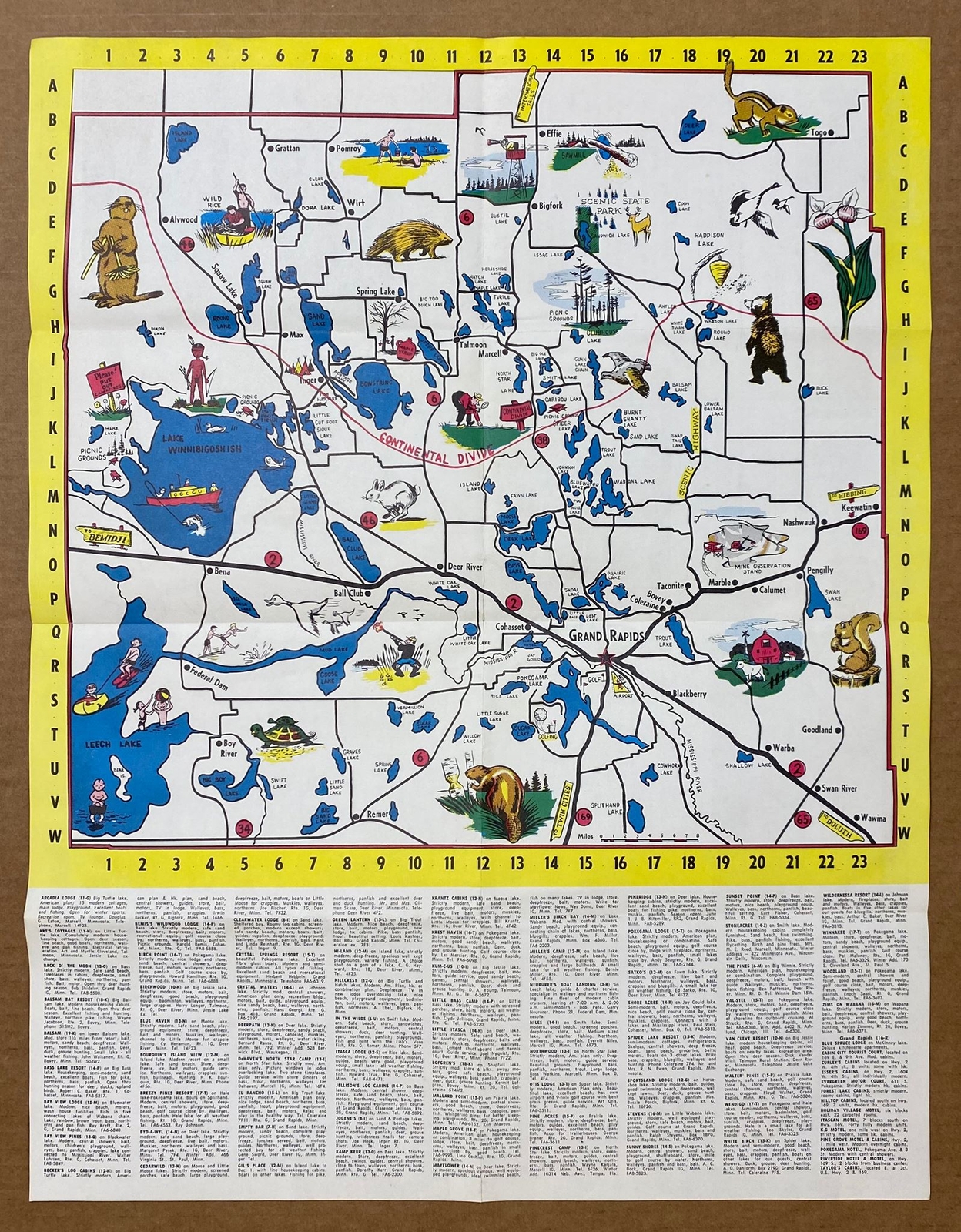 1950s Grand Rapids Itasca County Minnesota Pictorial Cartoon Map Vintage Orig.