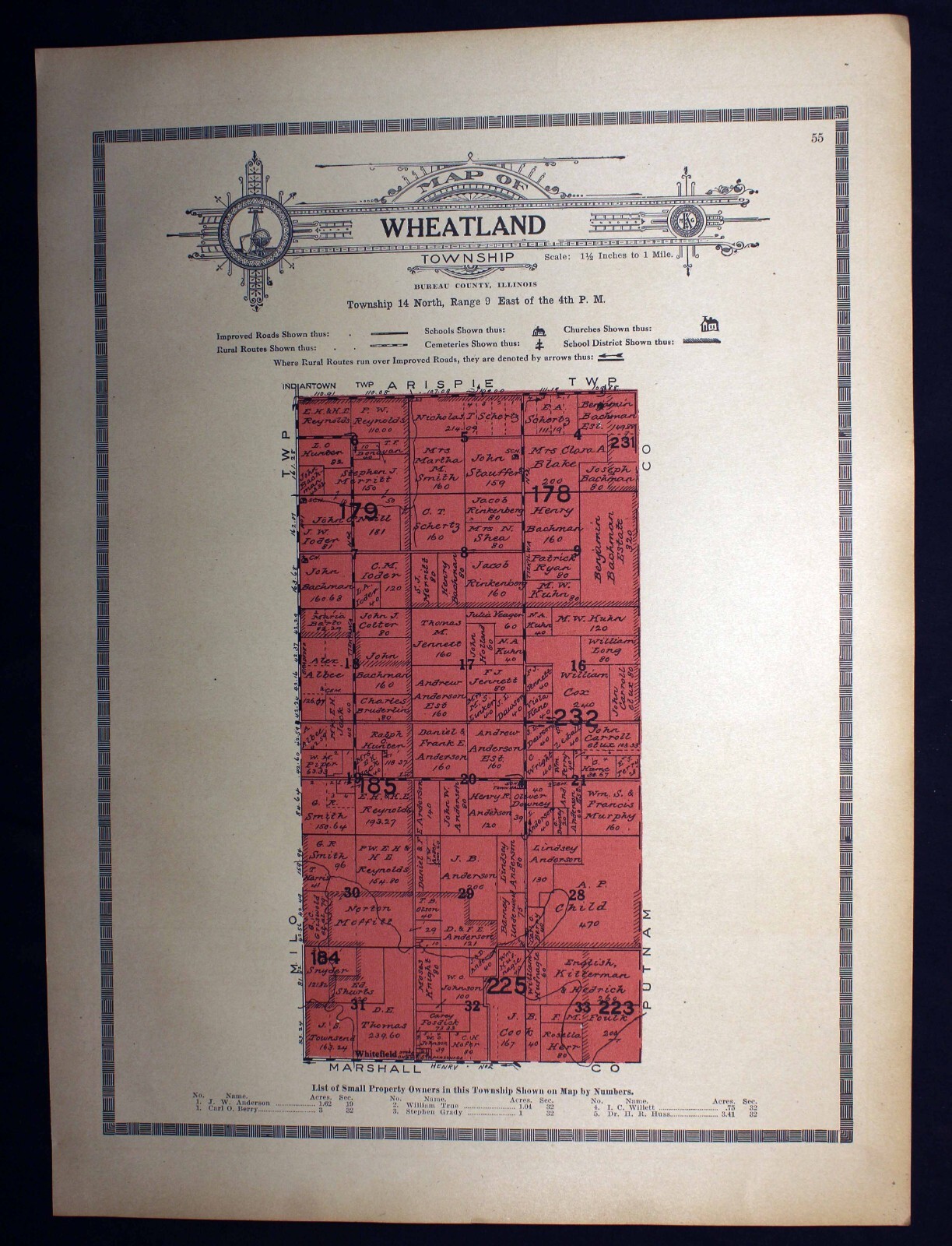 1916 Plat Map Wheatland Township Bureau County Illinois Original Color