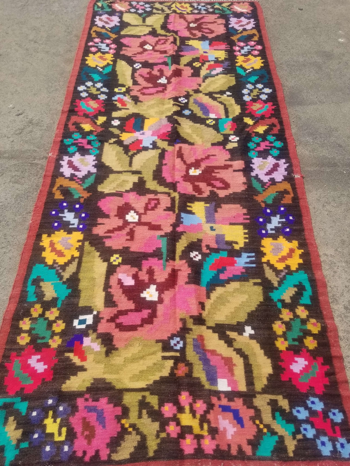 Antique Hand Woven Bessarabian Romanian Floral Kilim Rug Carpet 8.6×3.8ft