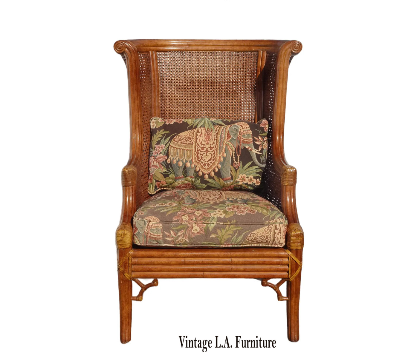 Vintage Lane French Country Brown Wingback Cane Bamboo Chair w Leather Straps