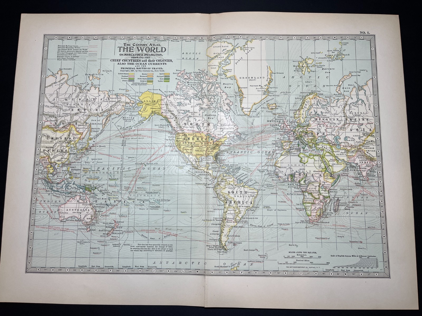 1897 MAP of the WORLD, Mercator fm The 1897 Century Atlas Plate 1 SEE DESCRIP