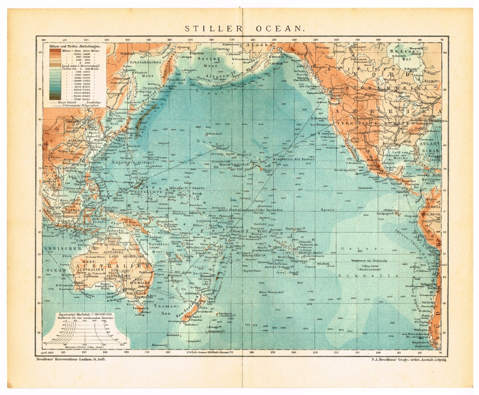 Pacific Ocean Stiller 1907 date Cartographic Antique Original Map Australia Asia