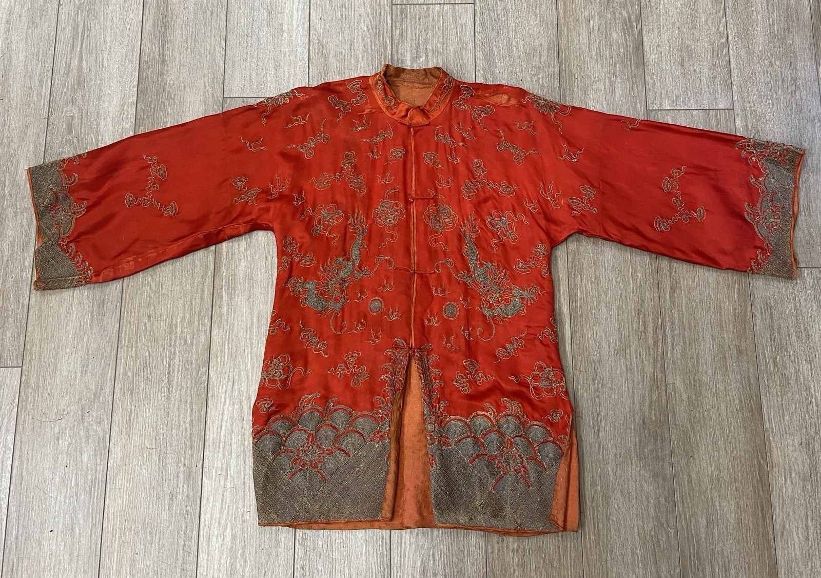 Vintage Chinese Silk Embroidered Robe or Jacket Red Silk Dragon Motifs AS IS