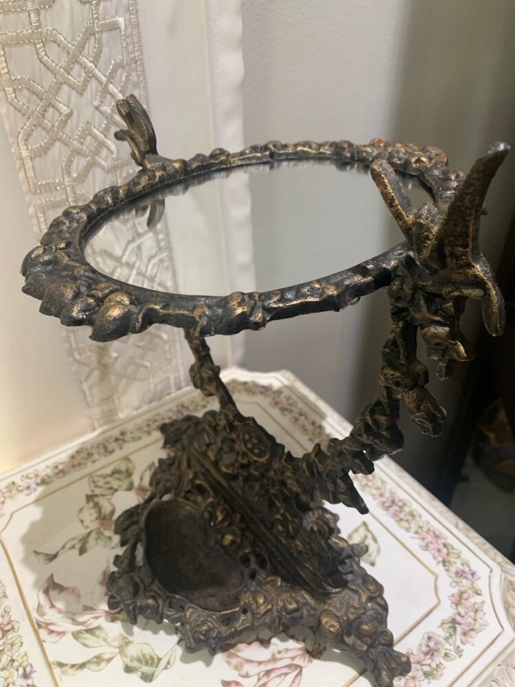Vintage Cast Iron Vanity Tabletop Mirror Oval Swivel Pedestal 13″ x 9″ x 6 1/2″