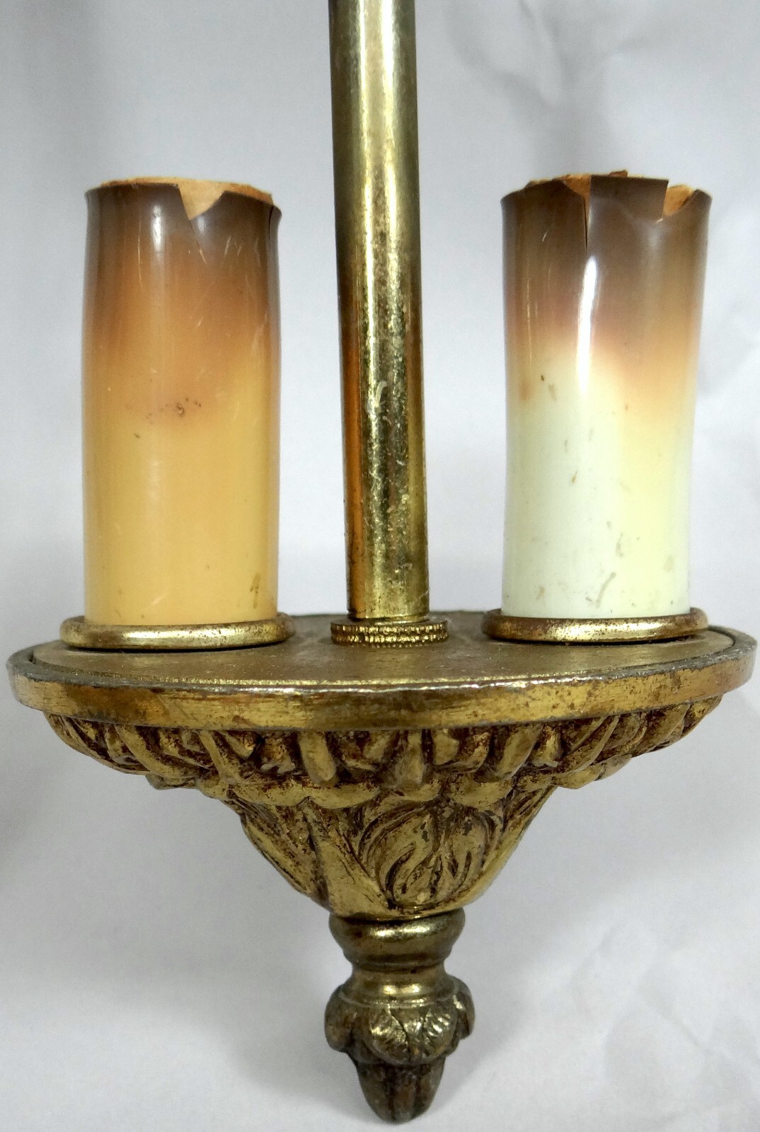 Antique Vtg Ceiling Light Fixture Pendant Chain Lamp 2 Bulb Sculpted Brass 15 in