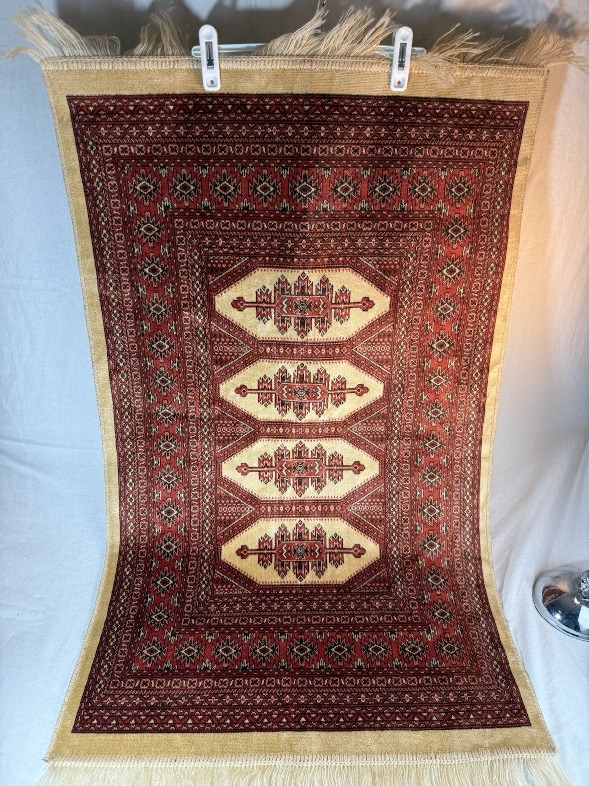 VINTAGE HANDWOVEN TURKISH WOOL RUG TRIBAL GEO PATTERN RED CREAM 45″X26″