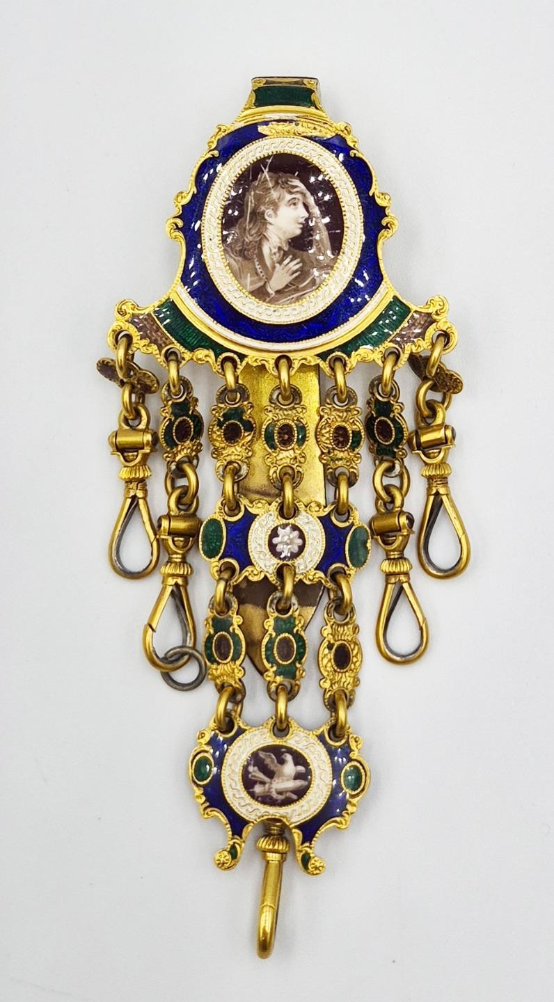 FINE 18TH CENTURY FRENCH GILT COPPER & ENAMEL CHATELAINE CLIP c1790