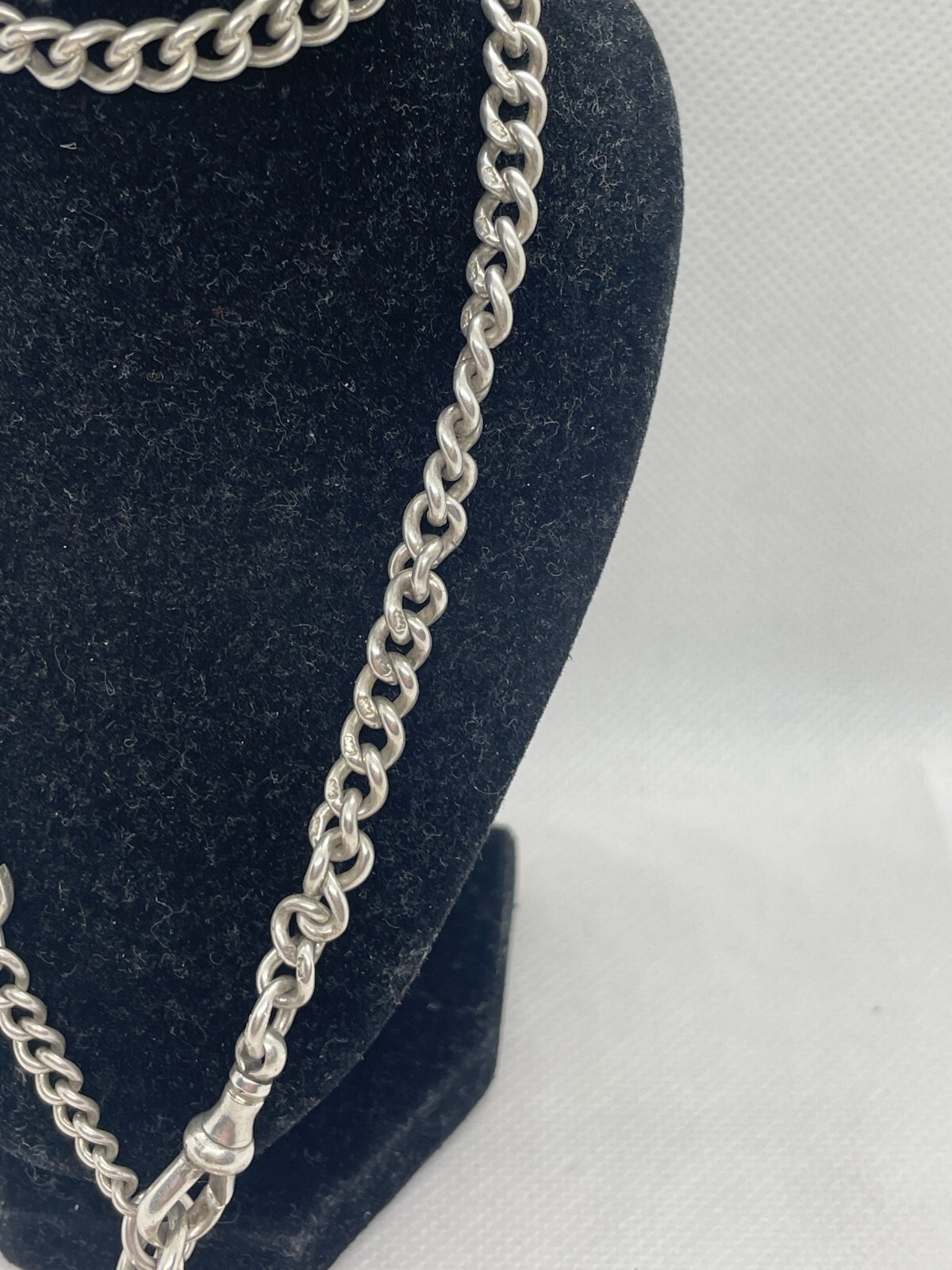 SOLID STERLING SILVER ALBERT CHAIN T BAR 46.9G 18″ INCH LONG VICTORIAN WITH FOB