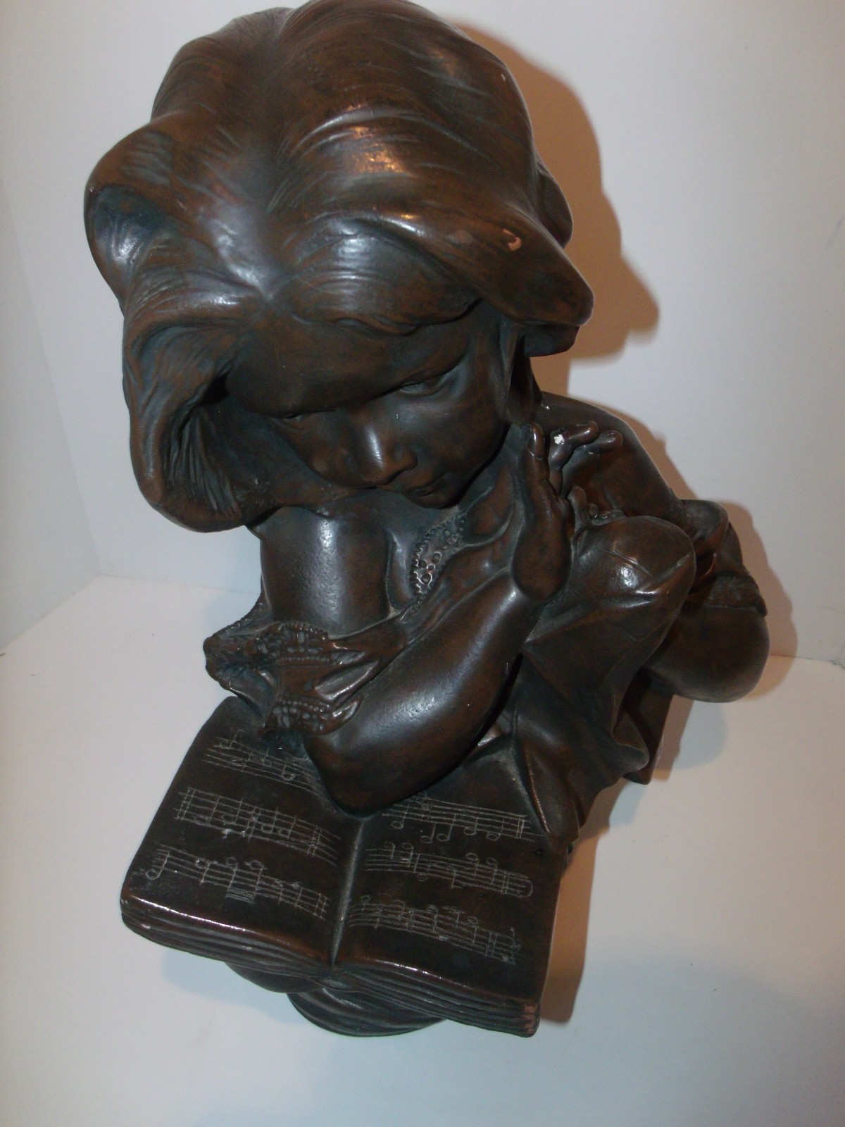 Vintage Plaster Bust Girl Reading Music / Display Art