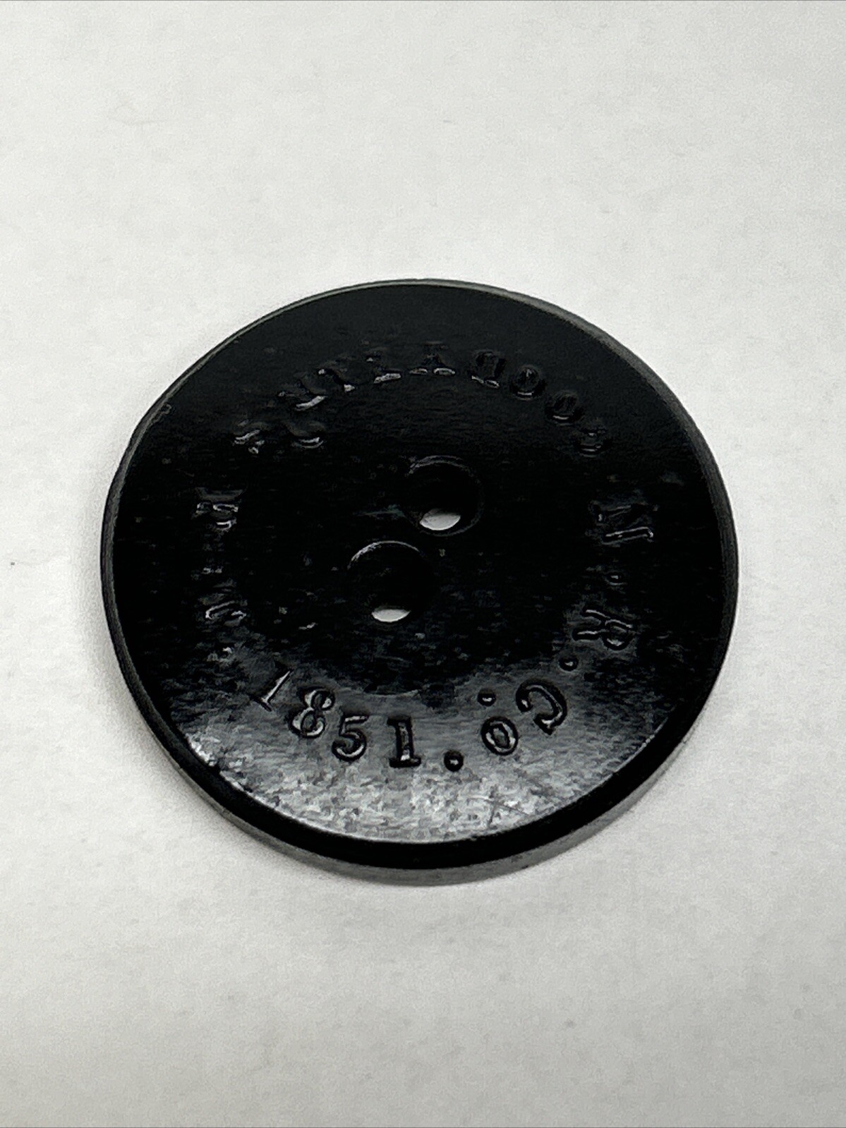 Vintage Sewing Button, Plastic, Goodyear’s P=T, 1851, N.R. Co.