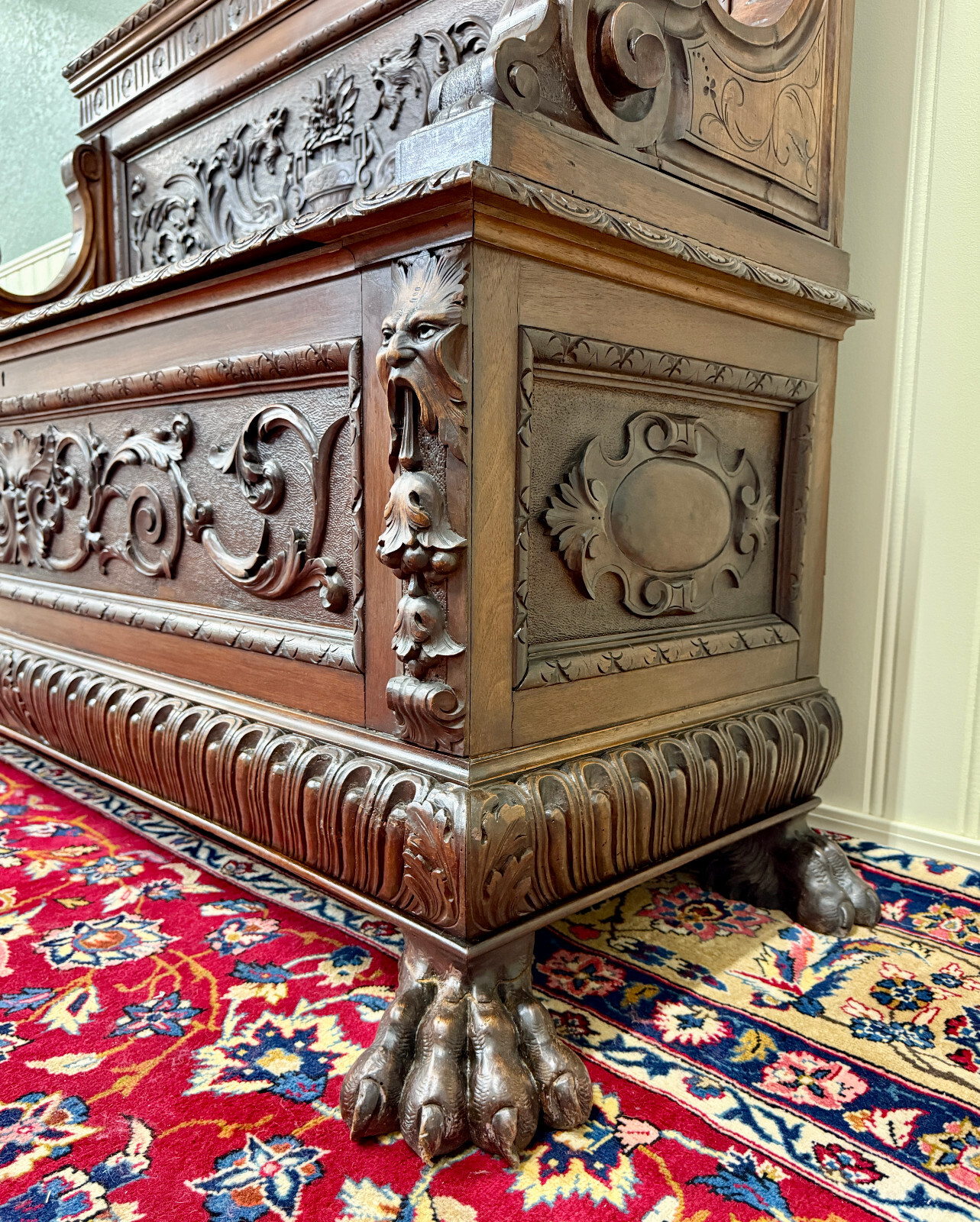Antique French Entry Bench Settee Trunk Renaissance Revival Dark Walnut c1890s
