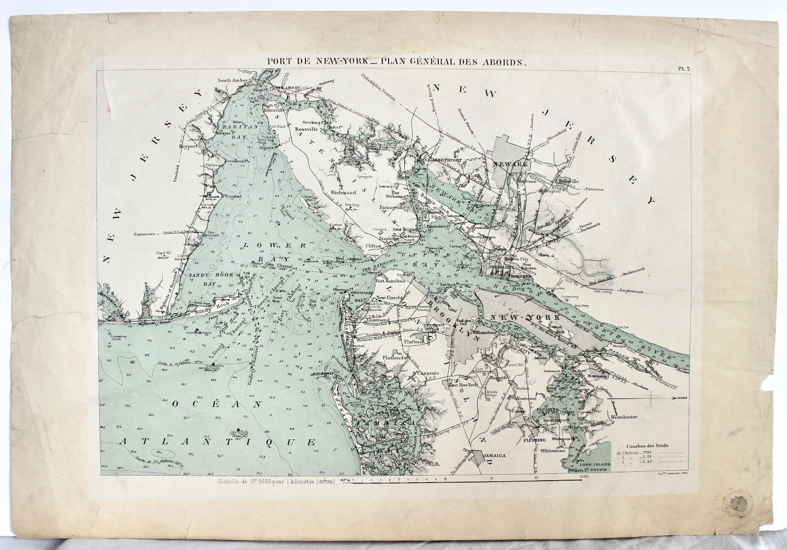 Antique NEW YORK Hydrographic Map: “Port de New York” LEMERCIER ca. 1890 SCARCE
