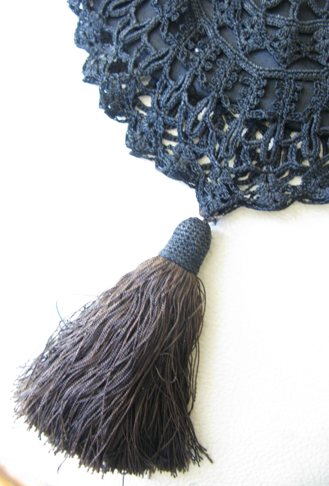 Antique Silver Lucite Marble Frame Black Crochet Tassel Large Purse