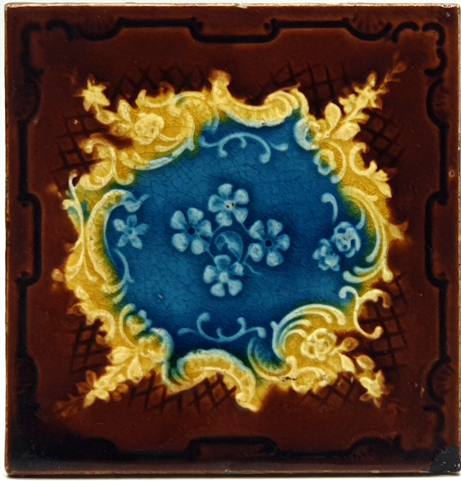 Scarce Art Nouveau Fireplace Tile Floral Moulded Majolica by Corn Bros C1900 AE1