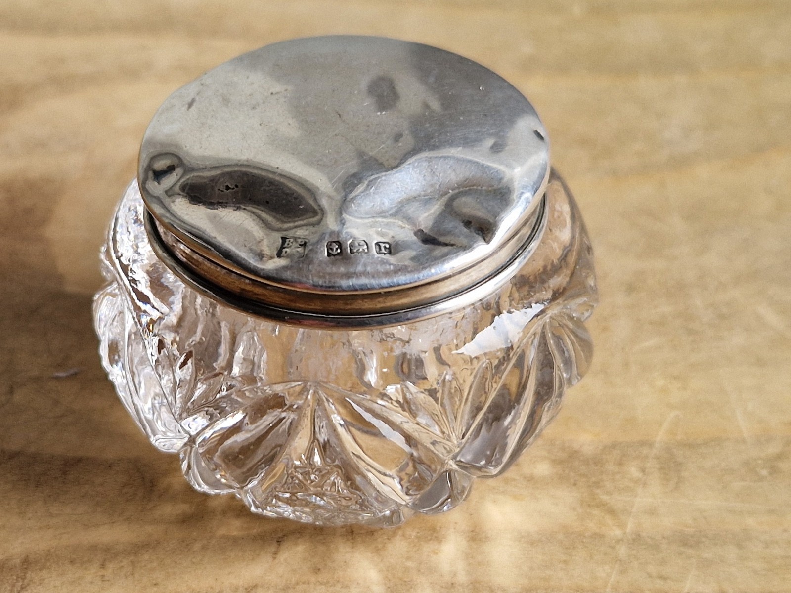 Antique sterling silver and crystal cut glass vanity pot