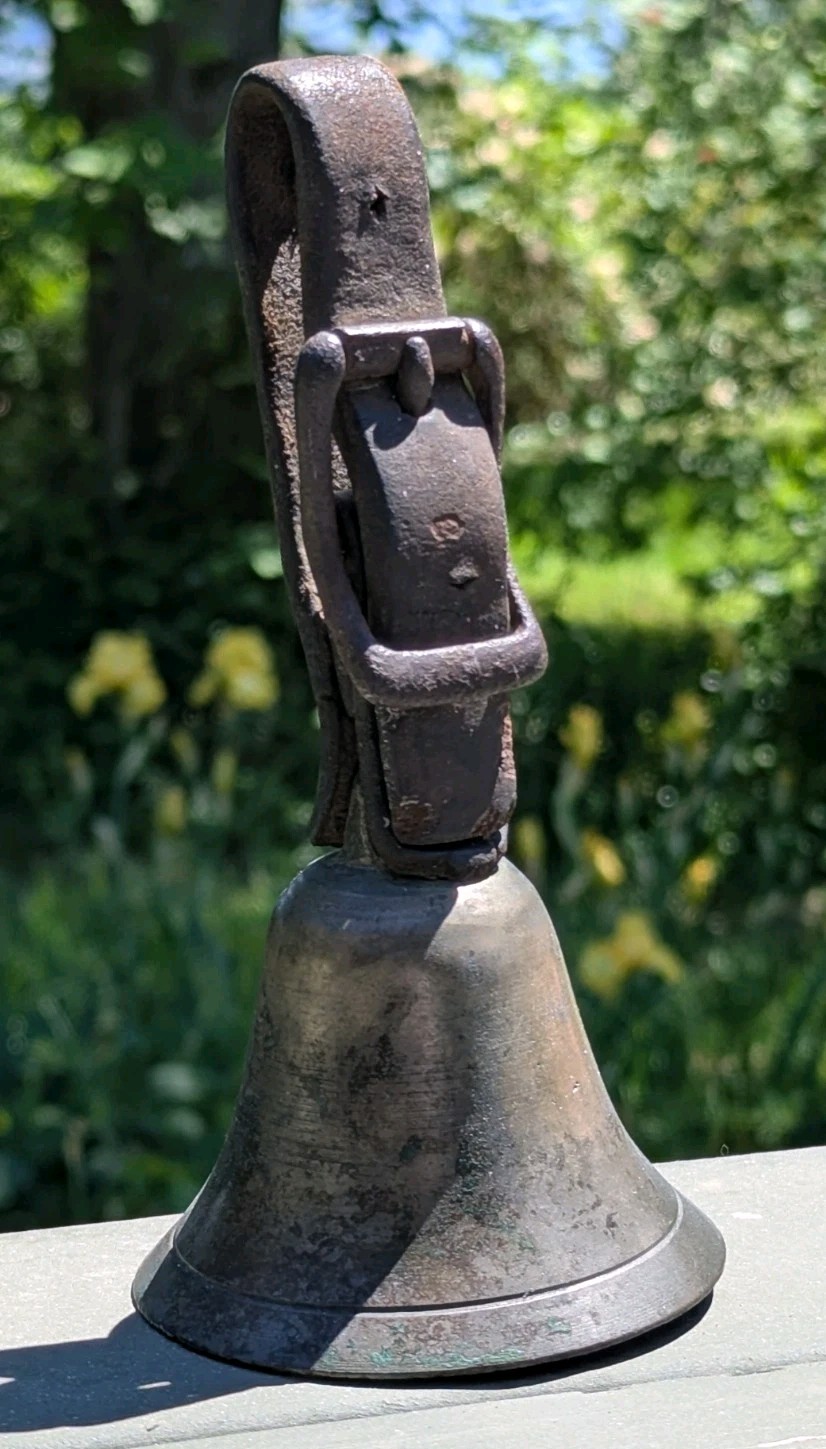 Antique Primitive Brass Cowbell Leather Strap W/Buckle Vtg Original NICE !