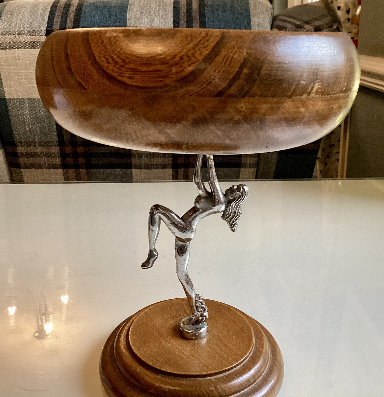 Art Deco Chrome Dancing Nude Figurine Wooden Pedestal Bowl 1930s Antique