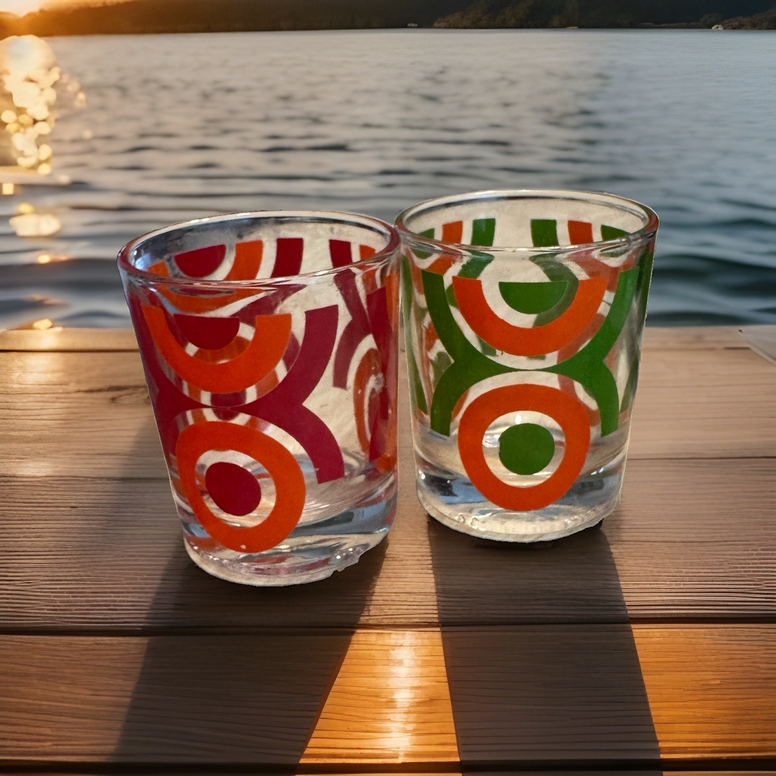 Reims France Set of 2 Liqueur Shot Glasses Retro MCM Geometric Circles Barware
