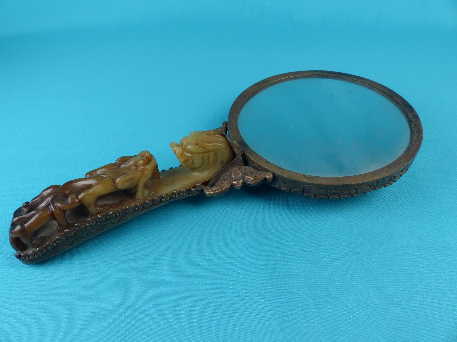 Antique Chinese Mirror with Jade Belt Hook Handle and Plaque As Found