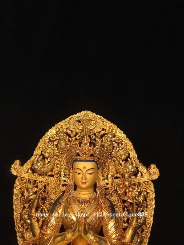 13” Tibet Copper Gilt Gems 4 Arm Hand Chenrezig Buddha Avalokiteshvara Statue