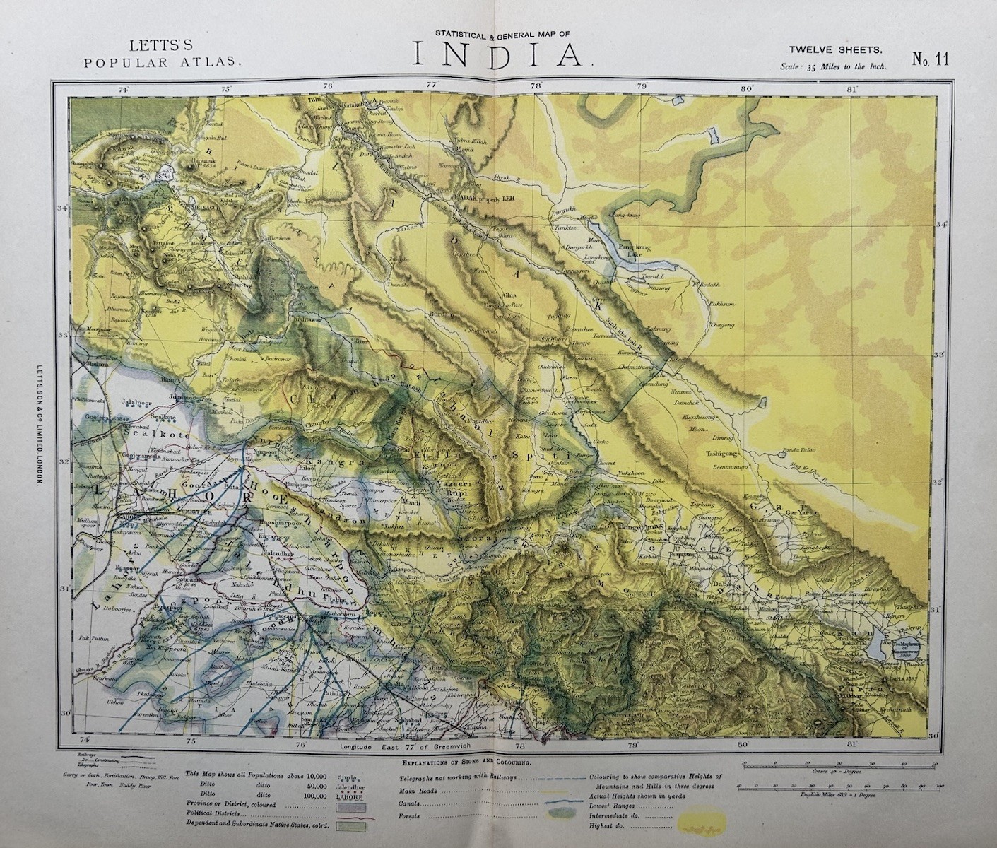 1883 Lahore, Ladakh, Kashmir, India Original Antique Colour Map by Letts