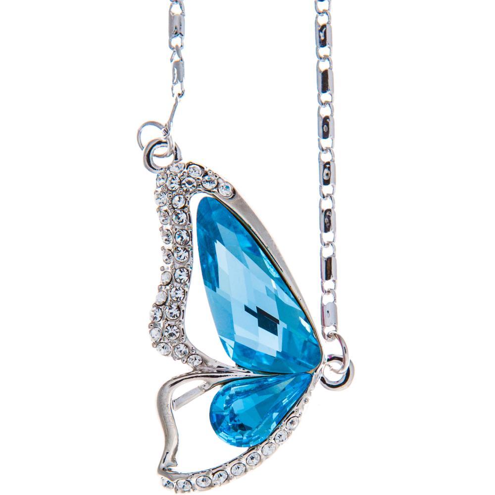 16” Rhodium Plated Necklace w/ Butterfly Wing & Ocean Blue Crystals by Matashi