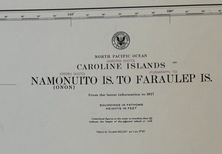 Vintage Hydrographic Chart Caroline Islands Namonuito to Faraulep 1940s WW2
