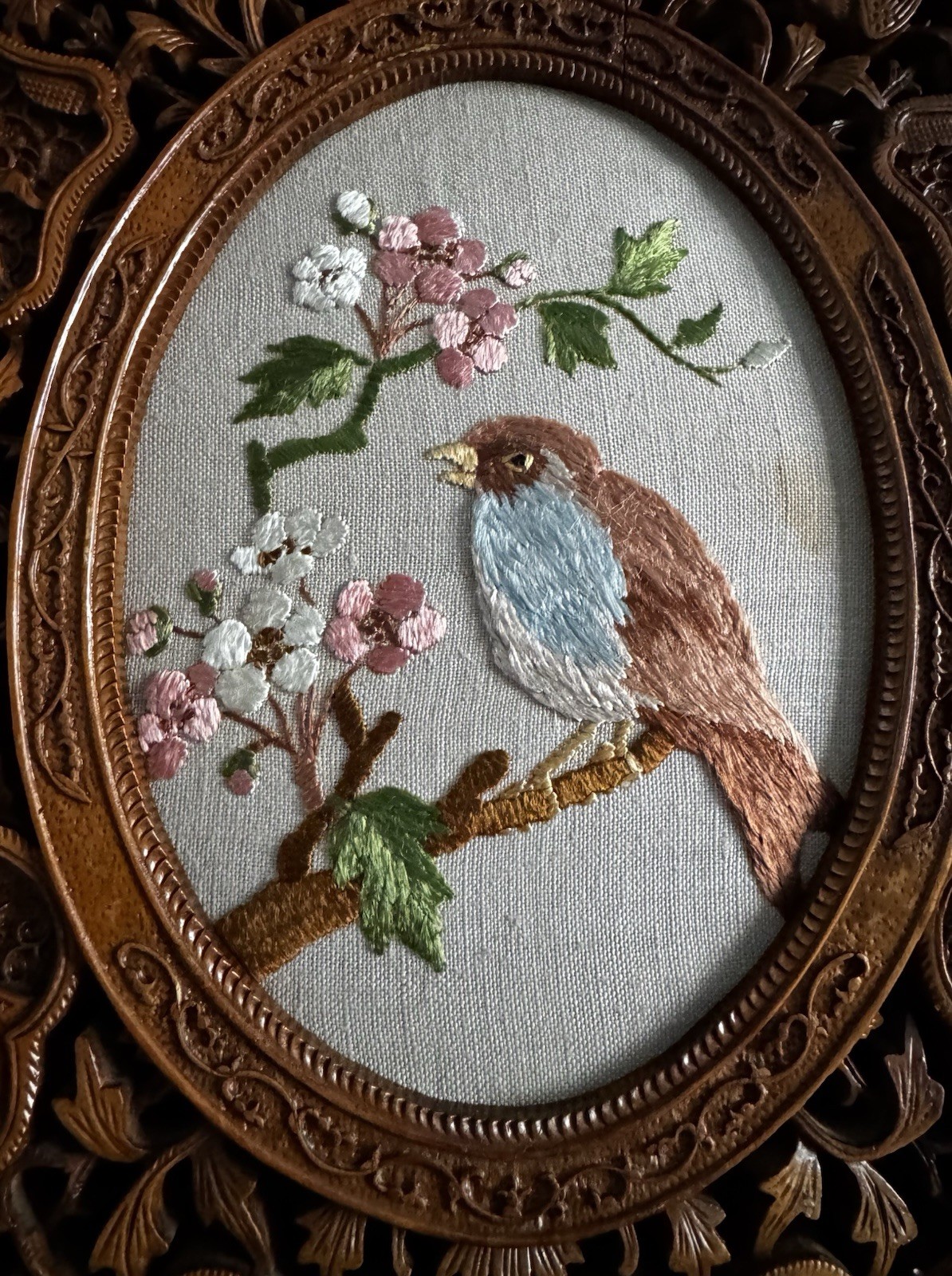 Antique Chinese Hardwood carved Frame Early 20thC (31 x 24cm) with embroidery