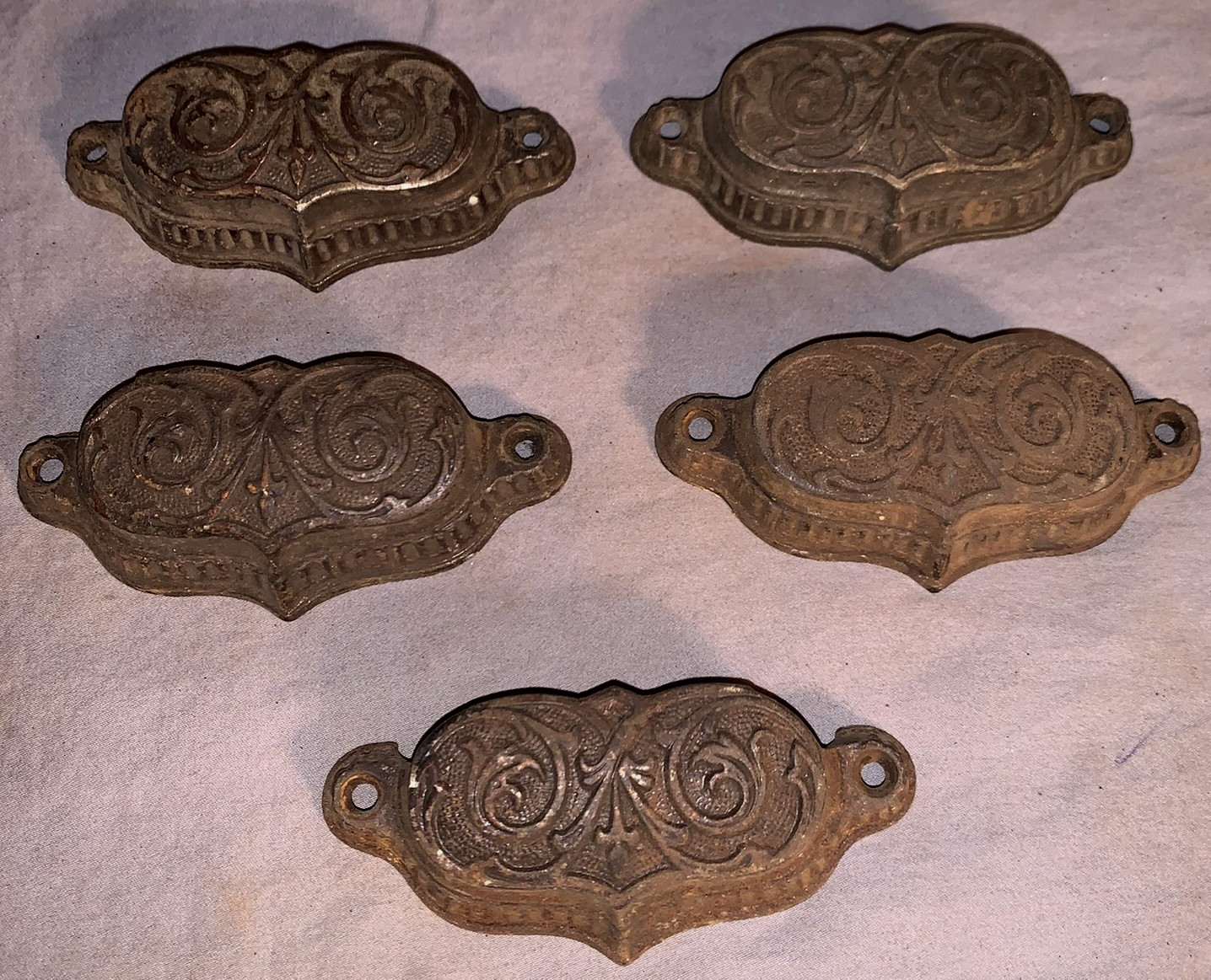 Great Set 5 Antique Cast Iron Bin Cabinet Pulls