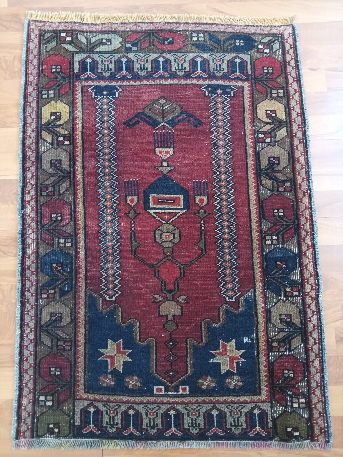 Antique Prayer Rug, Columnar Geometric Caucasian Rug, İnterior design rug