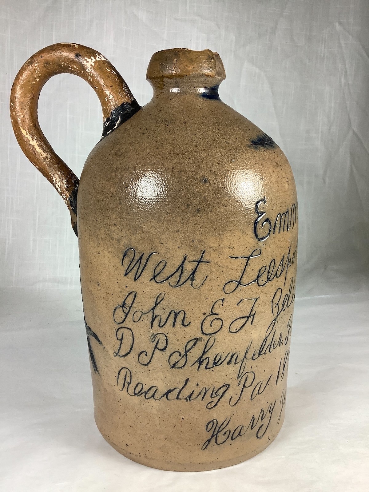 1885 SHENFELDER STONEWARE PRESENTATION JUG W/6 LINE ZELLERS SCRIPT INSCRIPTION