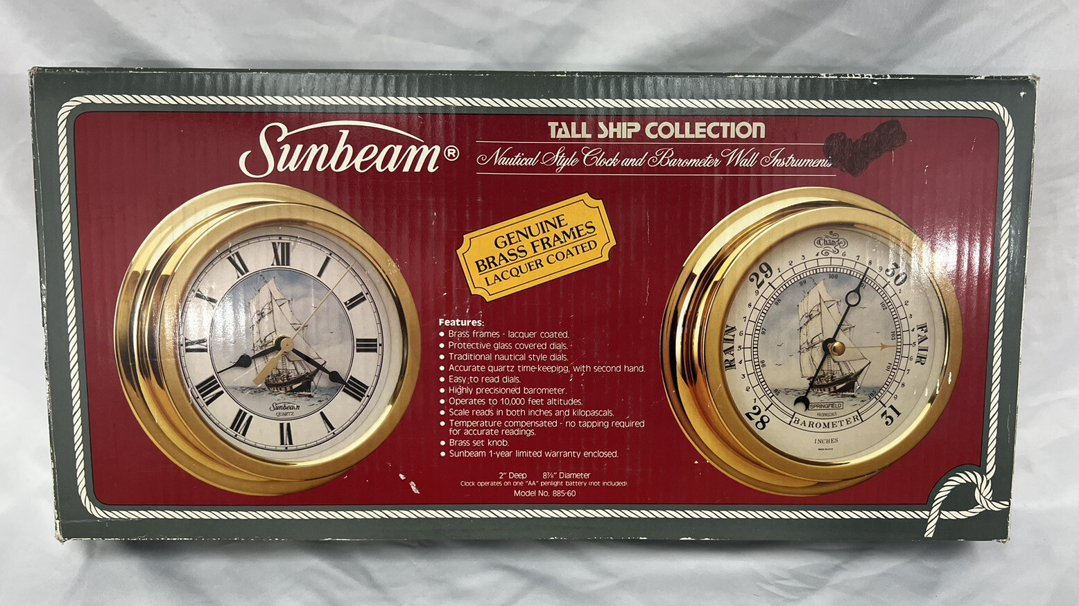 NEW in Box Vintage Sunbeam Nautical Tall Ship Brass Barometer & Clock Mod 885-60