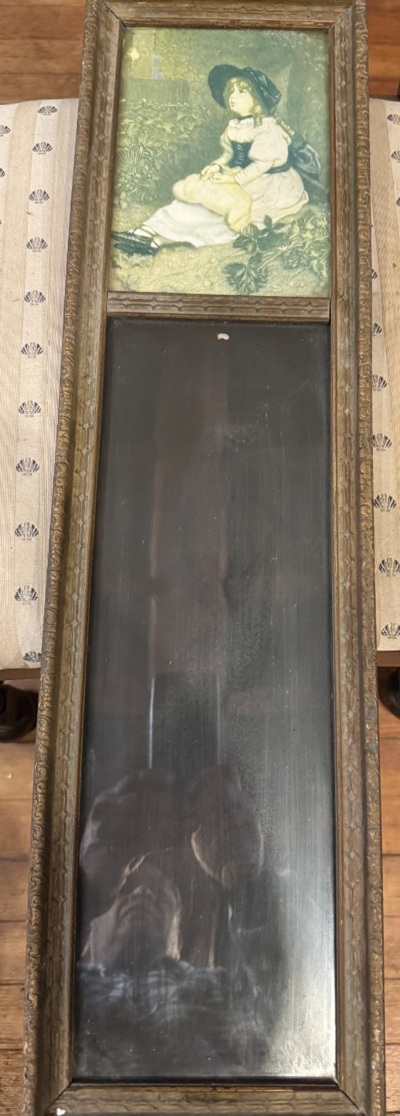 Vintage Wood Framed Mirror With Girl Print Top Panel -28.0″ Tall x 7.5″ Wide