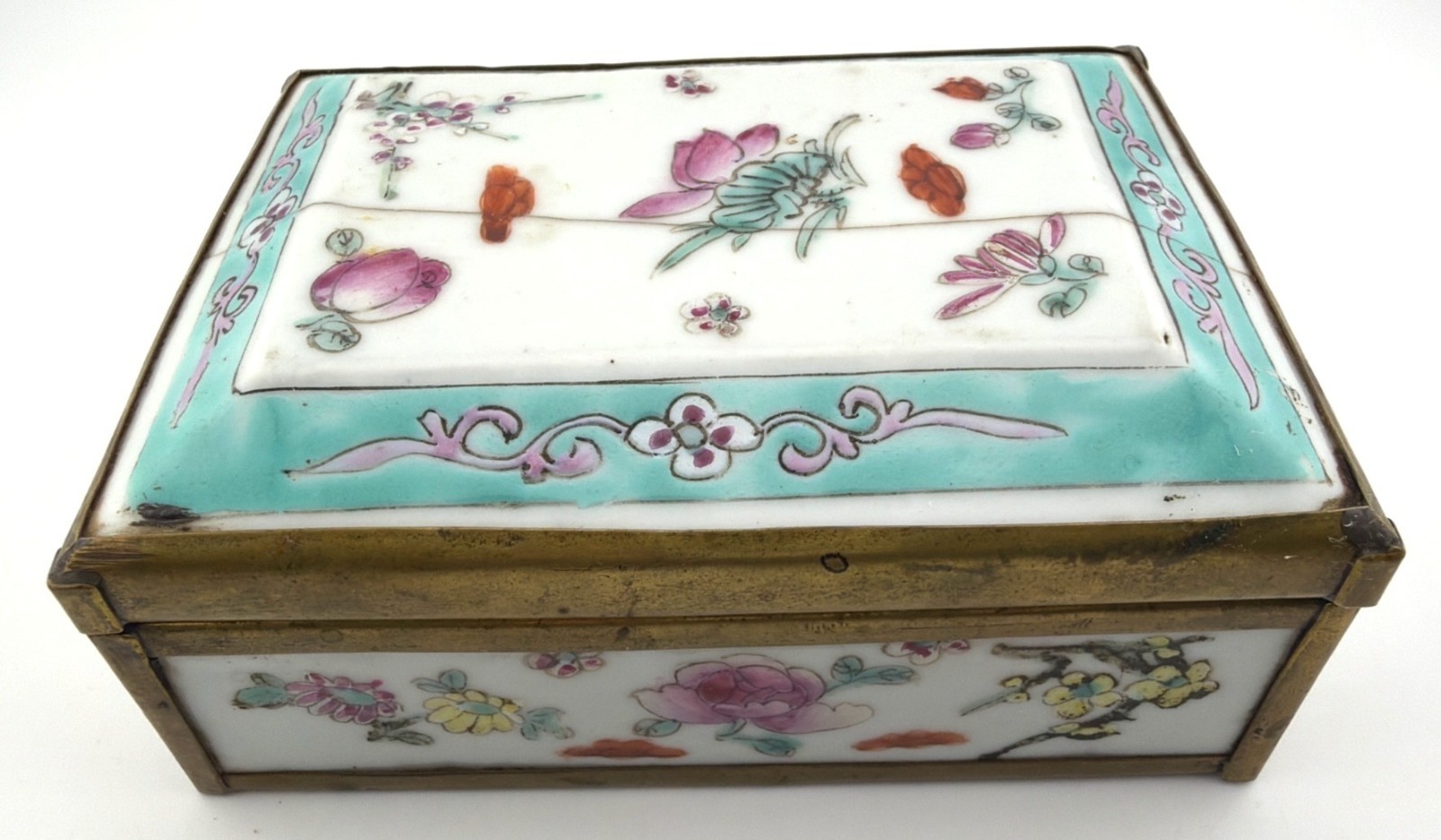 Antique Chinese Famille Rose Porcelain Brass Hinged Box Floral Hand-Painted