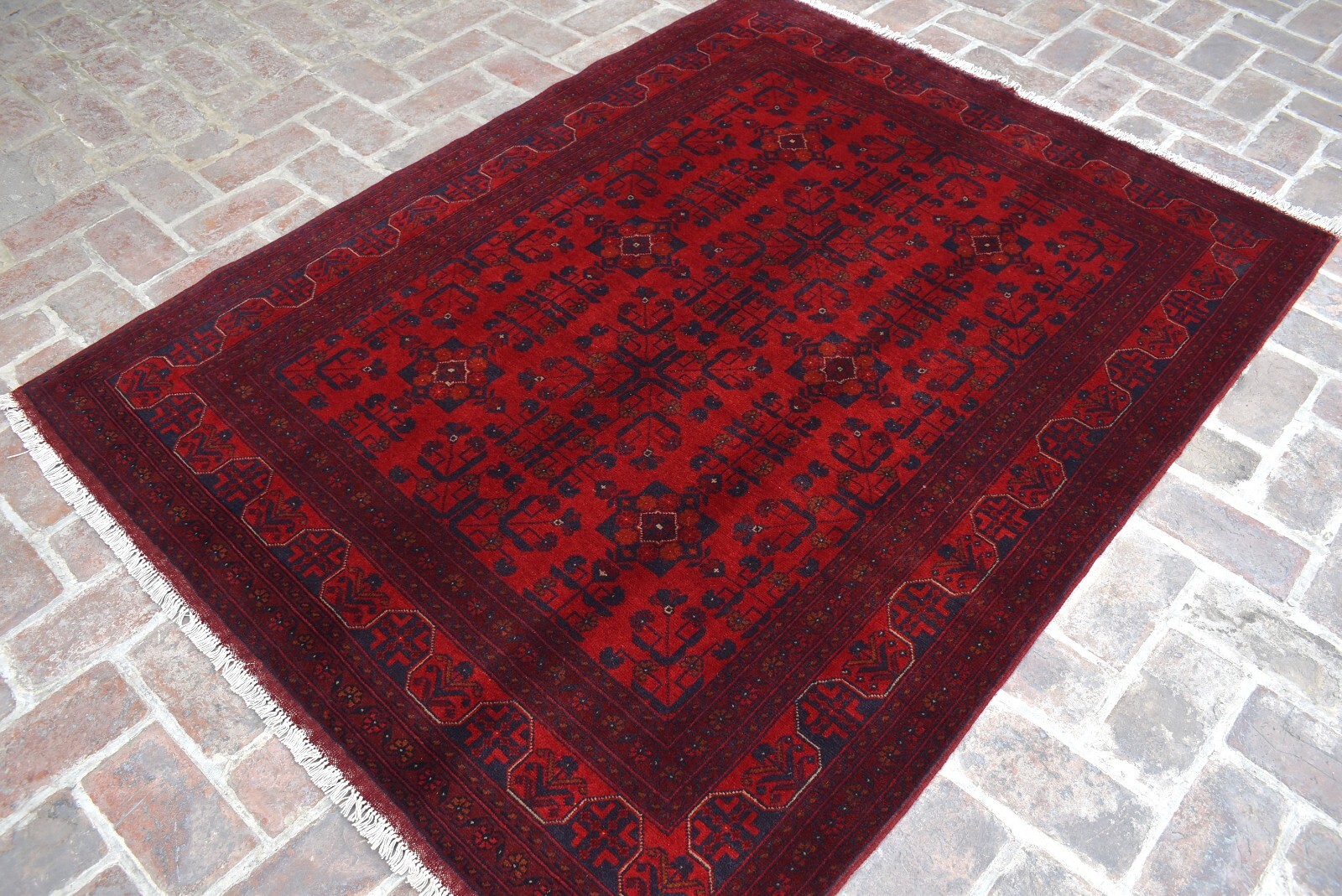 Hand Knotted Afghan Geometric Rug 4×7 ft Red Bokhara Nomadic Tribal Area Carpet