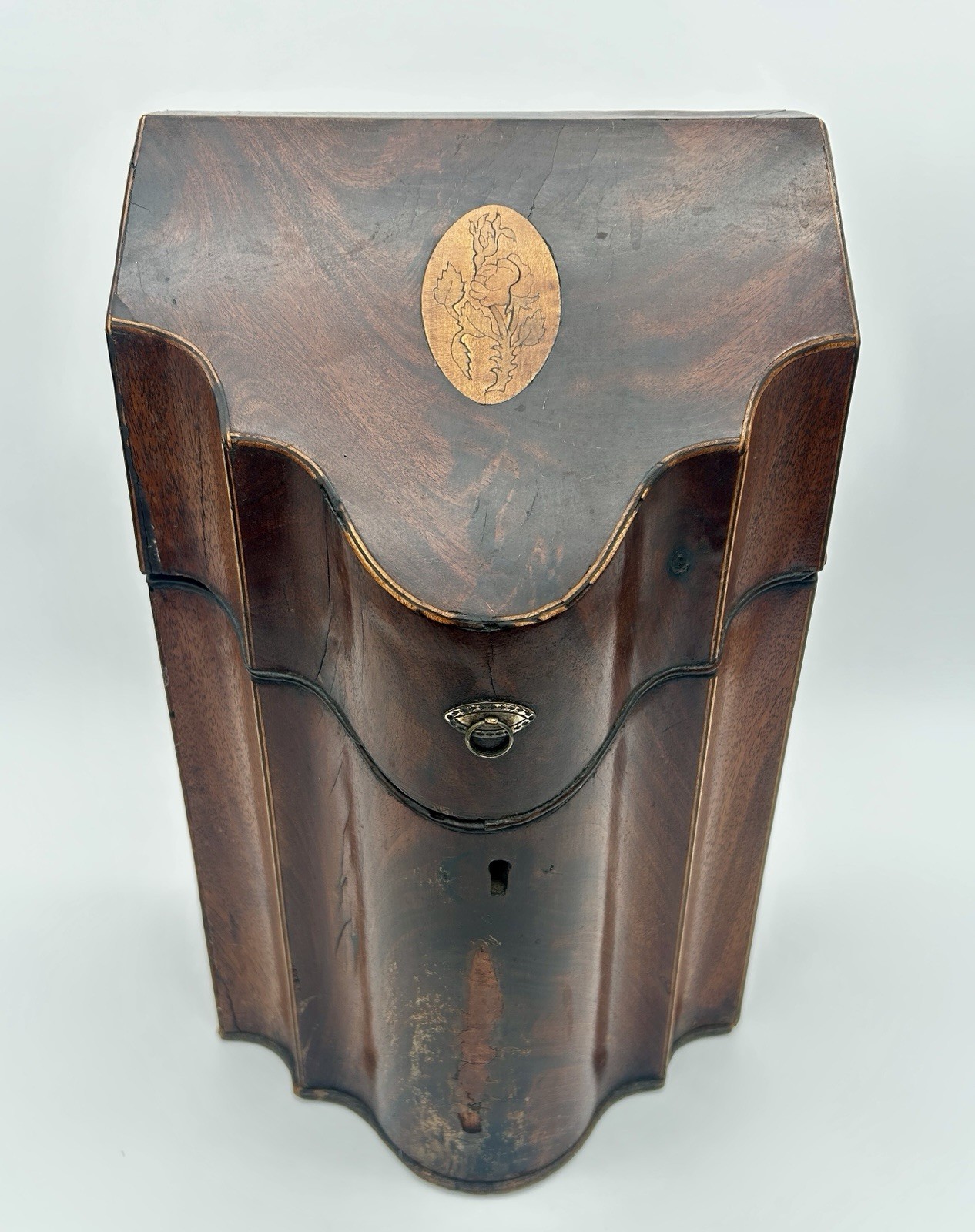 Antique English Georgian Wooden Knife Cutlery Boxes 18th C Inlaid Flowers Star