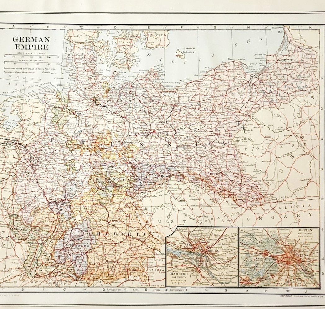 1914 Germany Empire Map Collectible Antique Prussia Hamburg Berlin WW1 Ephemera