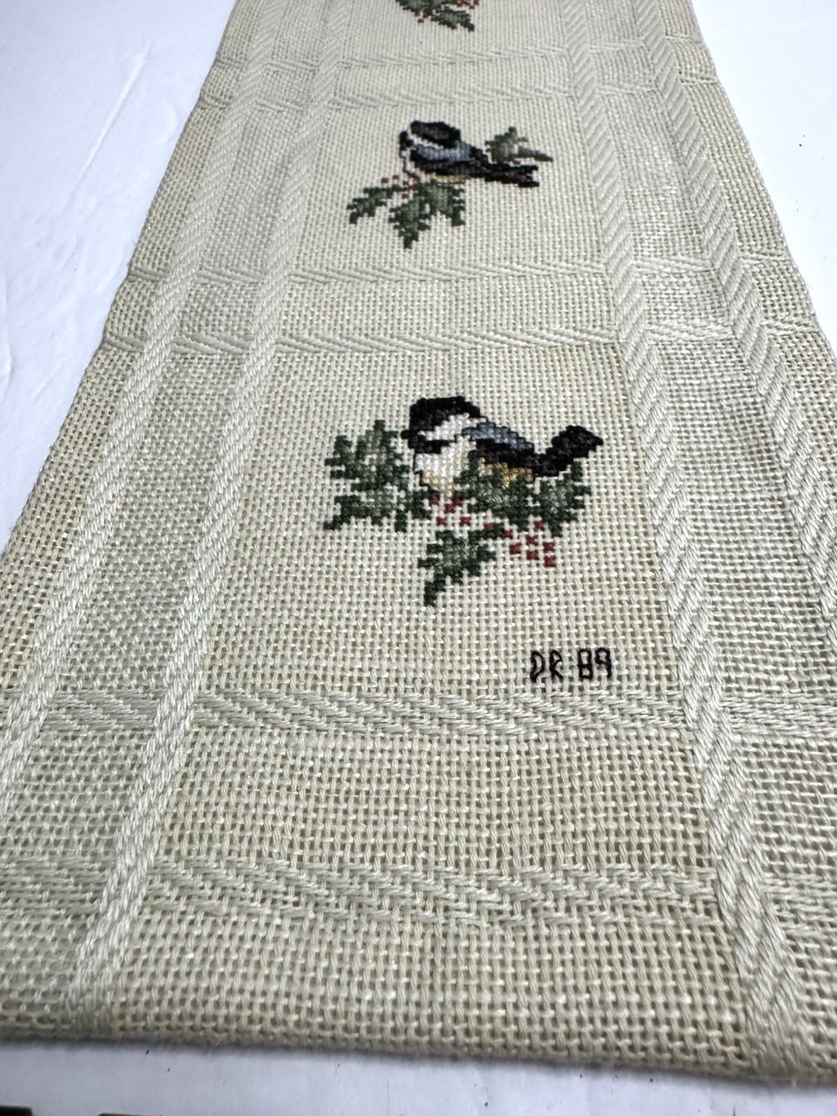 Vtg Needlepoint Bell Pull Wall Door Hanging Birds Floral 19” Metal Hanger Signed