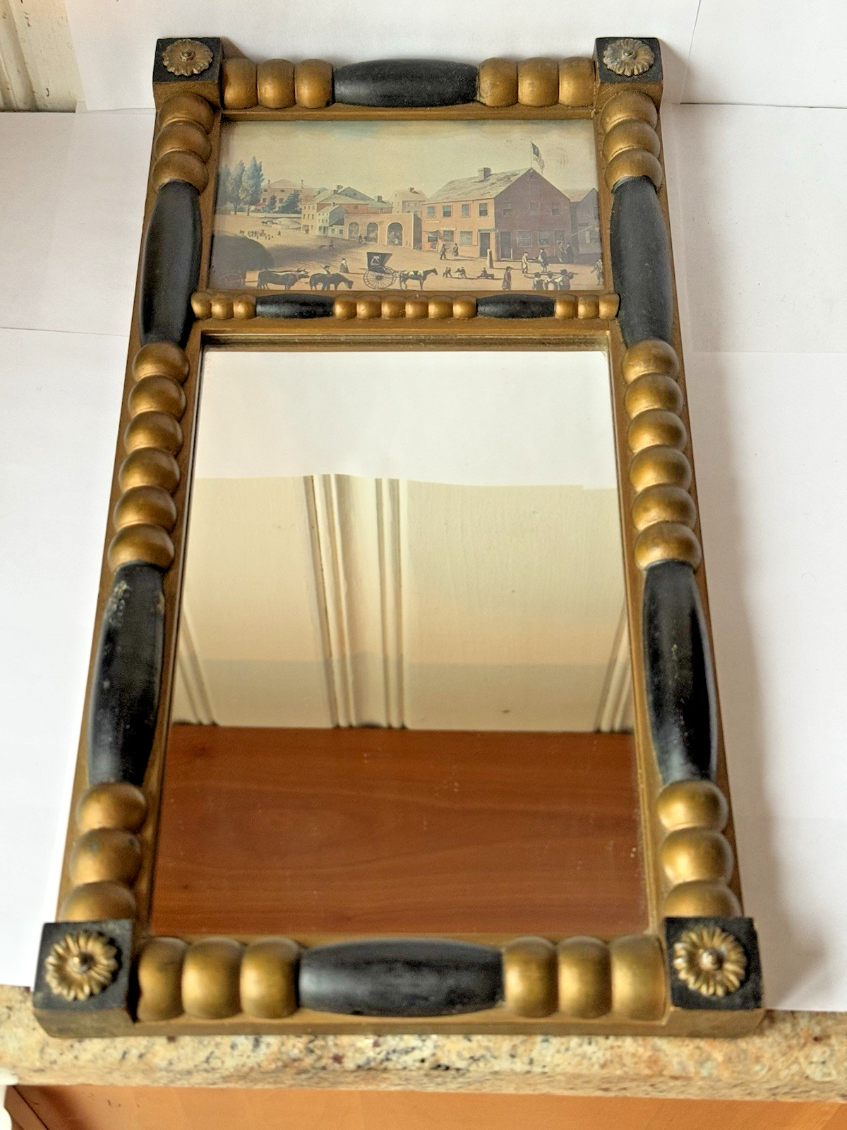 Antique Mirror Gilt Wood Ebonized Painted Scene New Bedford Mass 7″ x 14