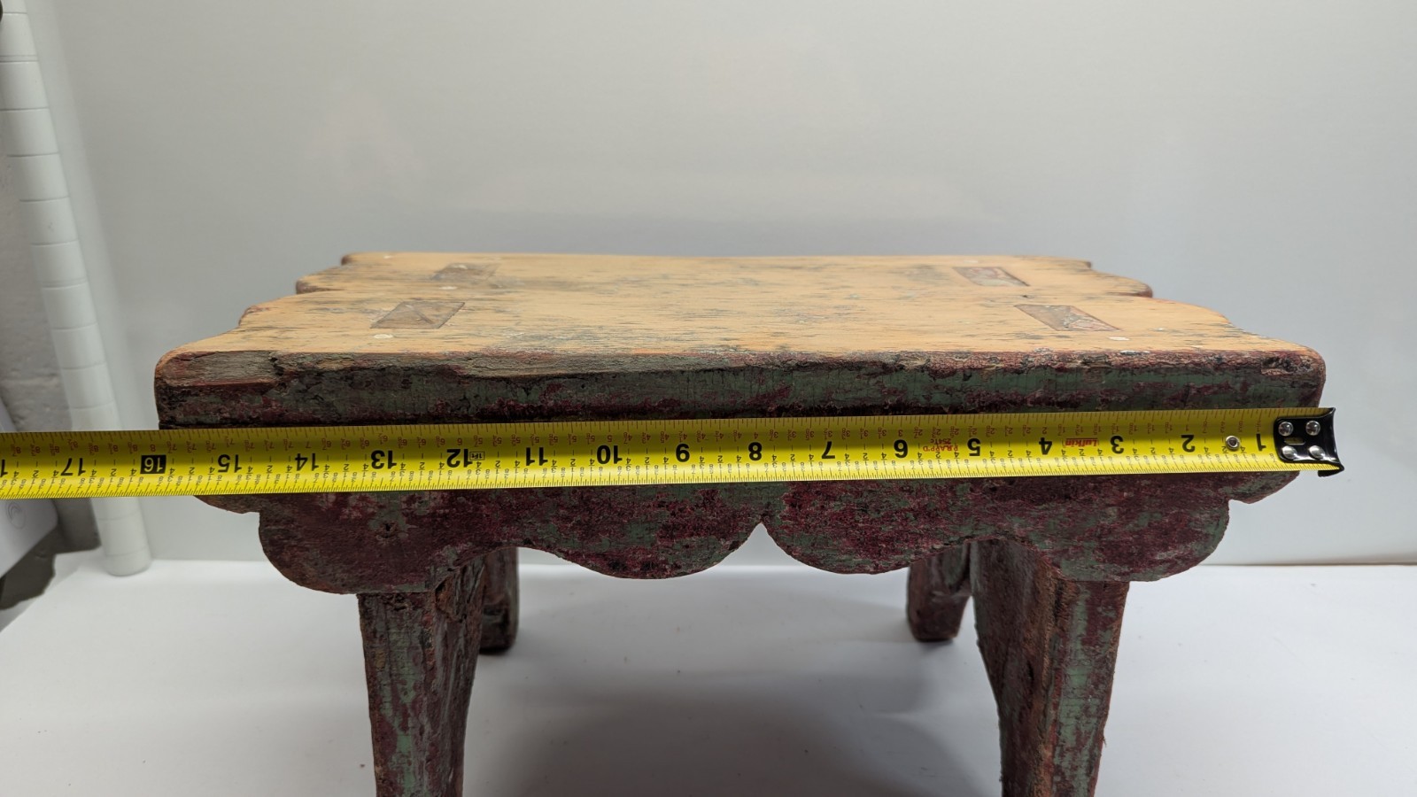 Antique Charming early American pine footstool in red Green wash bootjack ends