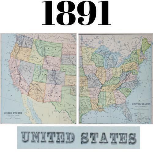 1891 US MAPS UNITED STATES EASTERN & WESTERN TWO (2) ANTIQUE COLOR VICTORIAN ERA