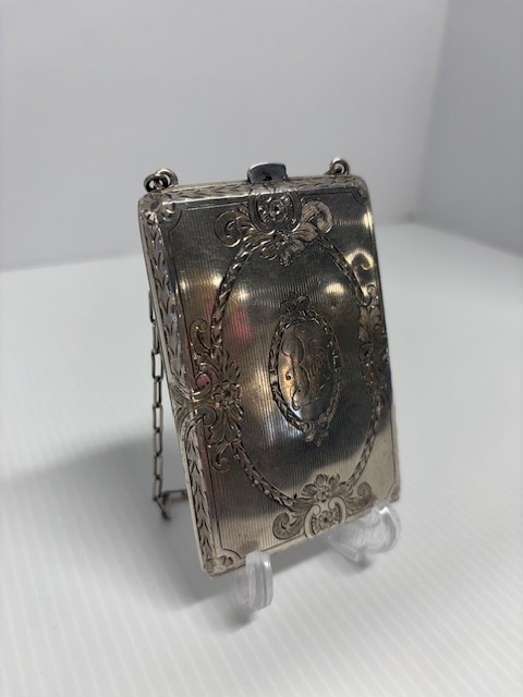 Antique Victorian Sterling Silver Compact Coin Purse Bunny Mirror Chain 89.5g