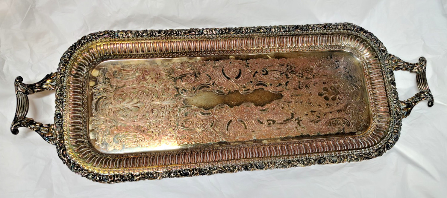 Vintage Silver Plate Serving Tray 24″ L x 9.25″ W Handles Ornate Israel England