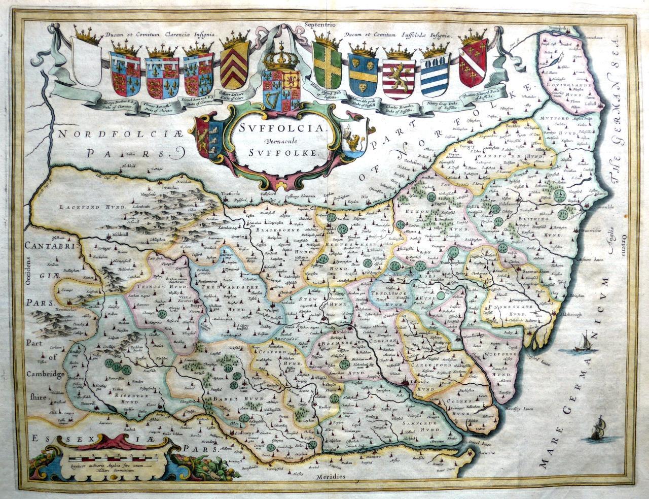 SUFFOLK SUFFOLCIA BY JOAN BLAEU c1654 GENUINE ANTIQUE ENGRAVED MAP