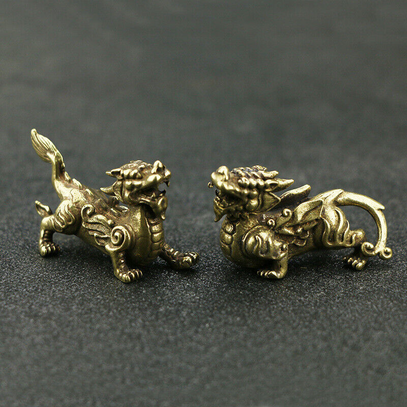 Ancient Chinese Bronze Fengshui Fu Foo Dog Lion Beast Pixiu Wealth Statue Pair