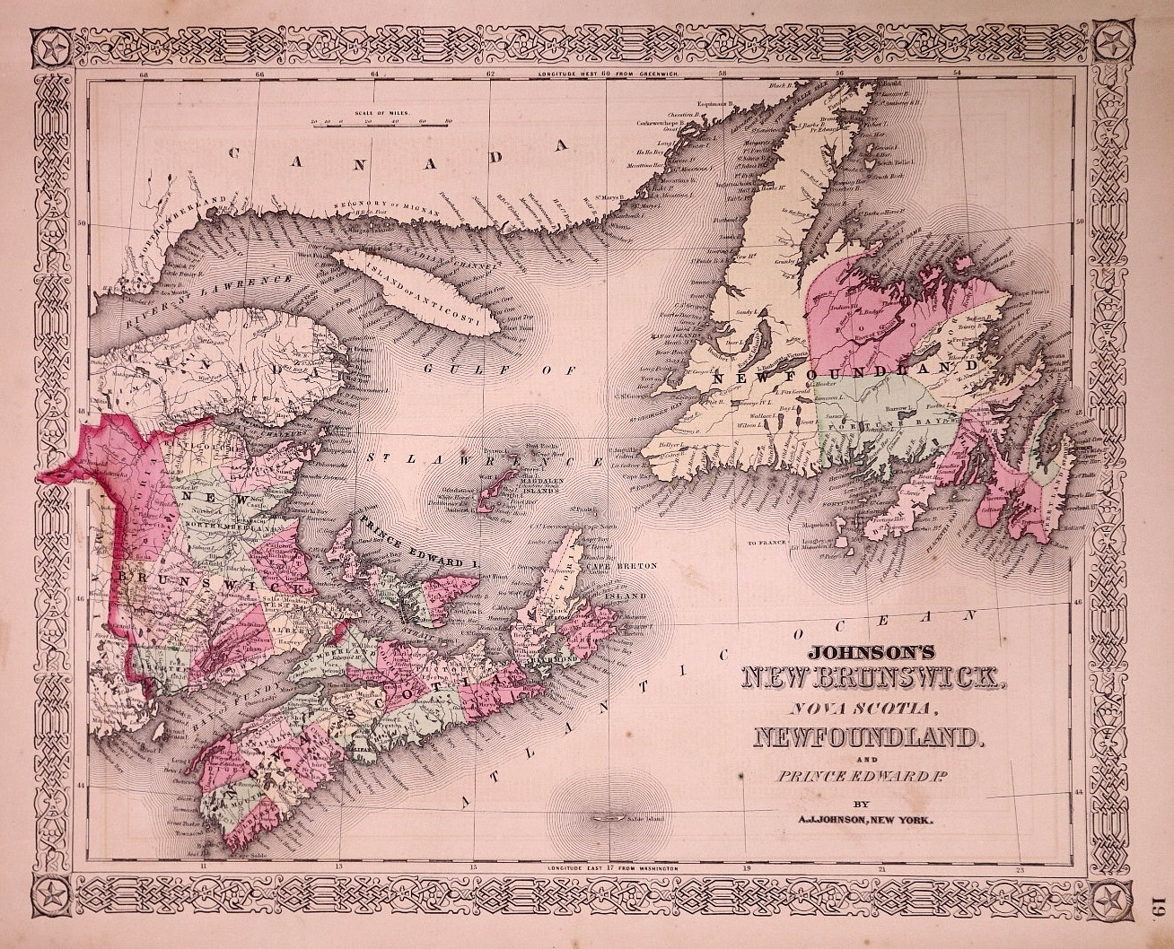 Antique 1867 Map Newfoundland, Nova Scotia, New Brunswick by Johnson #108