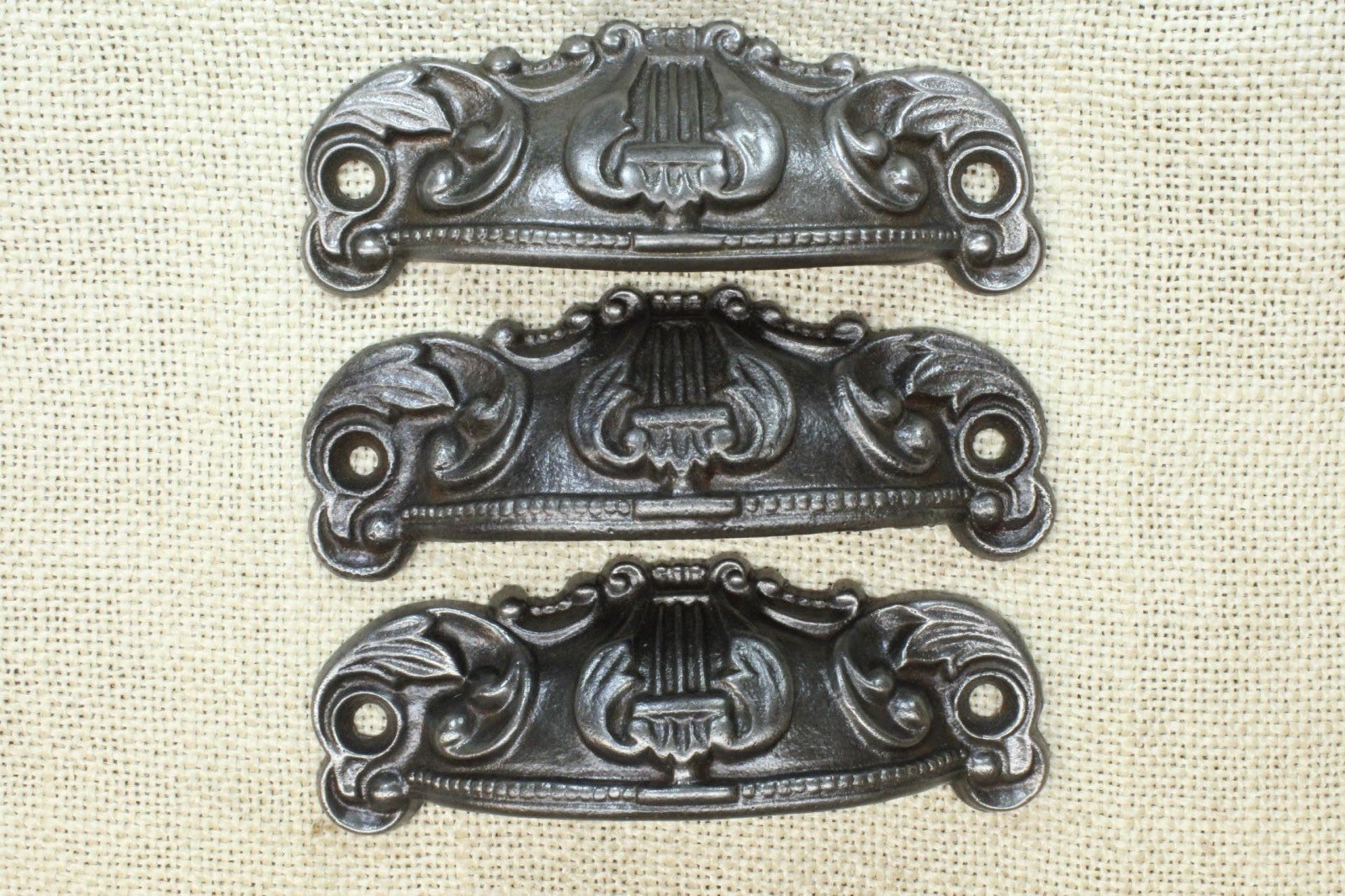 3 Old Bin Drawer Pulls Handles 4 1/4” Lyre Harp Ferns Cast Iron Vintage 1880’s