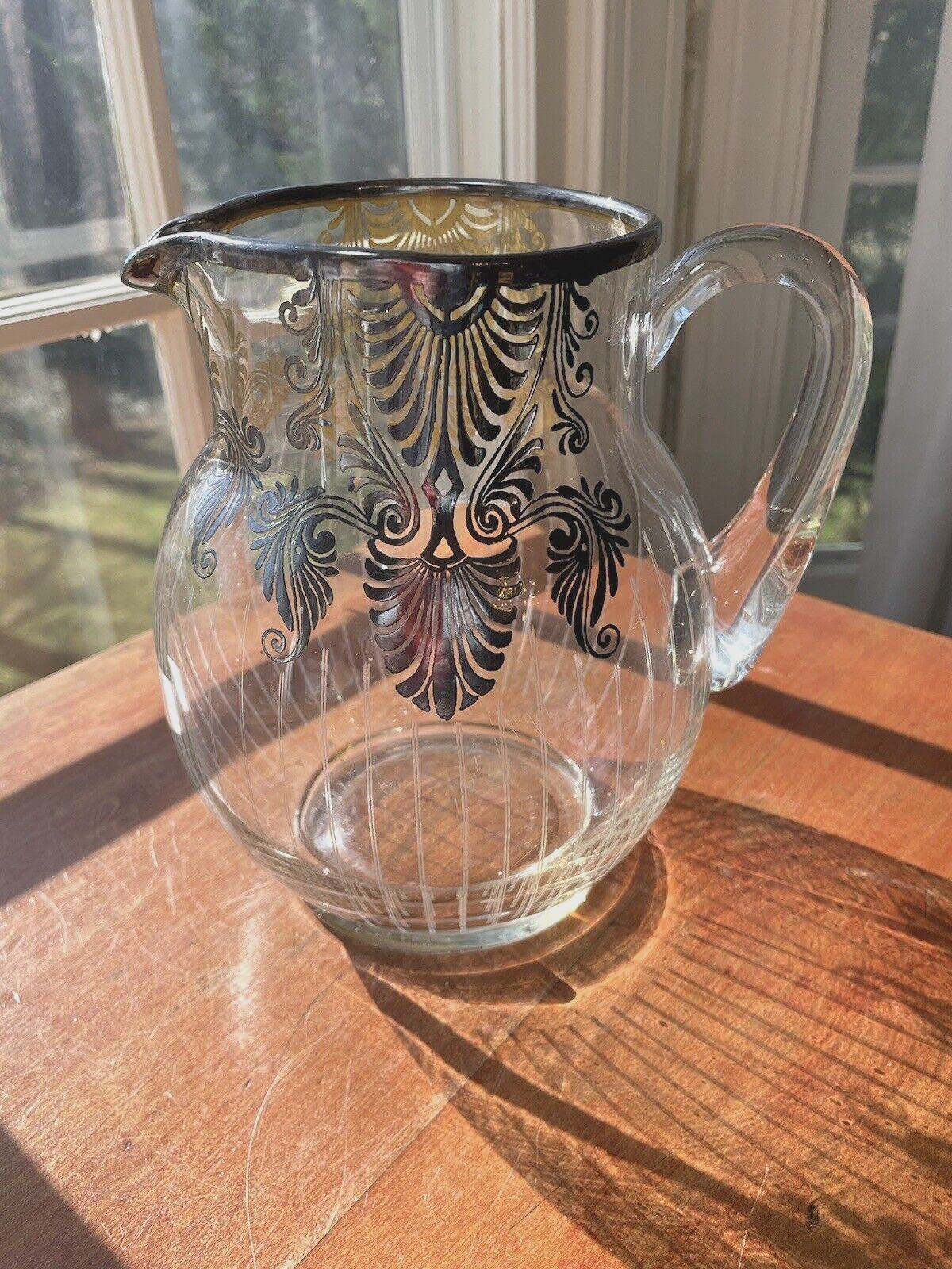 Antique Art Deco Silver Overlay Blown Etched Glass Lemonade Water Pitcher